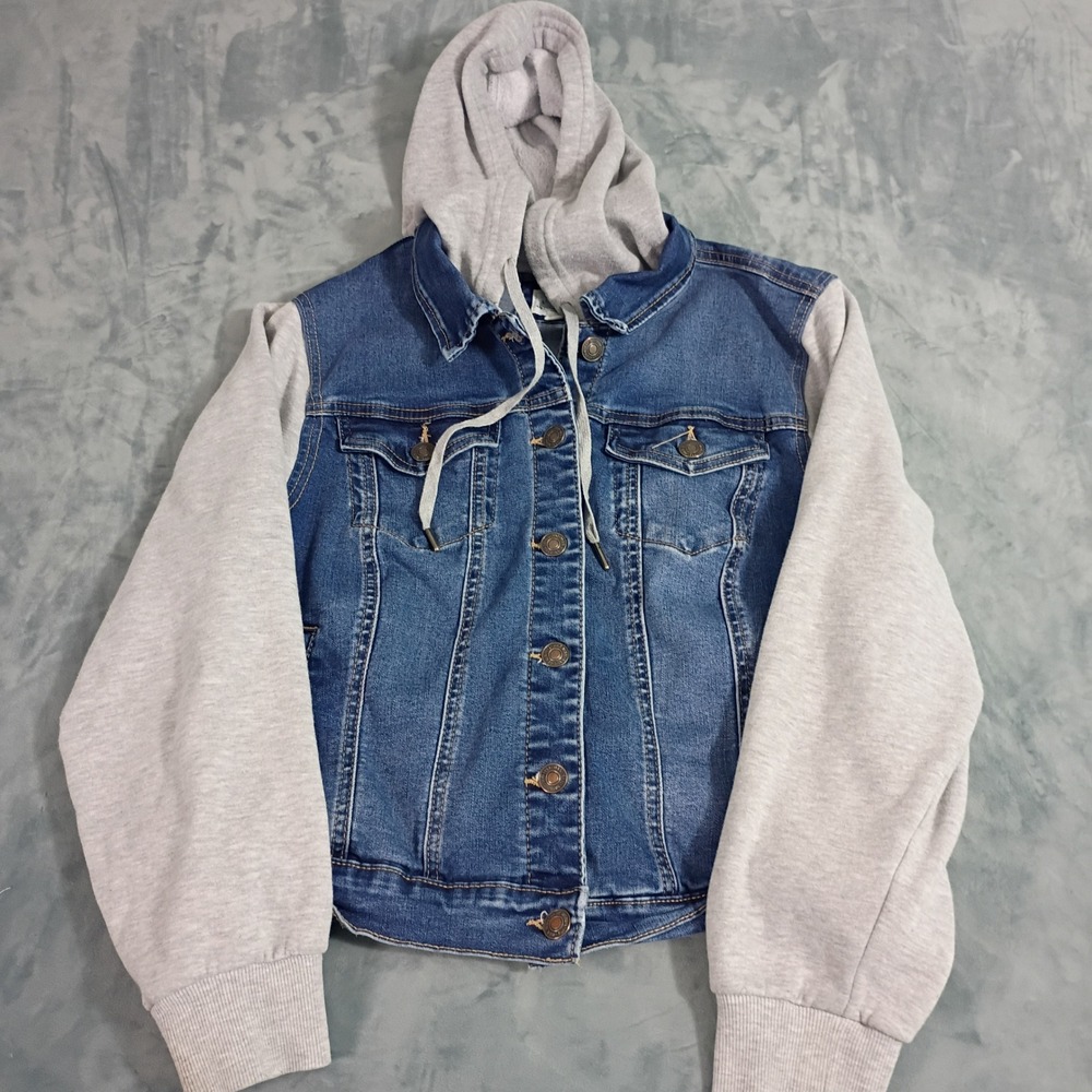 Wax Jean Womens 1XL Mixed Media Denim Jacket Grey Hoodie Sleeves Medium Wash